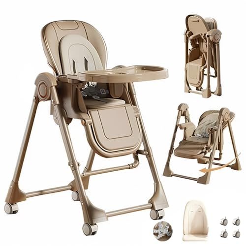 Magic ZC PU-Leder Baby Hochstühle Baby-Hochstuhl Kleinkind-Esszimmerstuhl mit Verstellbaren Höhen und positionen Multifunktional Faltbar Umwandelbar mit Abnehmbaren Doppeltabletts (X8121 Khaki)