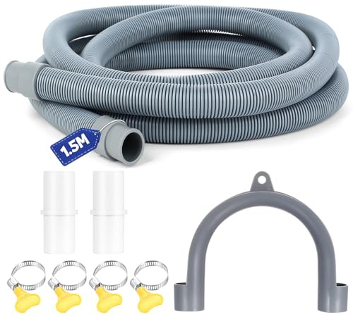 1.5 Mètres Rallonge Tuyau Machine à Laver, Rallonge Tuyau Lave VaisselleUniversel, Tuyau de Vidange pour Lave-linges Sèche-linges, avec 2 Connecteurs et 4 Colliers de Serrage