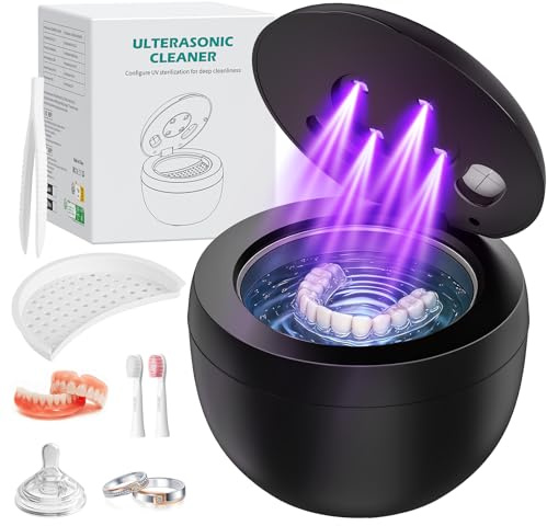SHINER Nettoyeur Ultrasons, 45000Hz Bac a Ultrasons avec 4 UV Lampe et 4 Modes, 200ML Ultrasonic Cleaner Dental Pod pour Prothèses Dentaires, Gouttière Dentaire, Retainer, Bijoux (Noir)