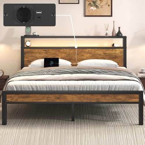 Bett 140x200 mit LED und Ladestation, Holzkopfteil mit Stauraum, Braun | Metallbett 140x200 mit 31cm hohem Stauraum unter dem Bett, Doppelbett mit geräuschlosem Lattenrost, einfache Montage