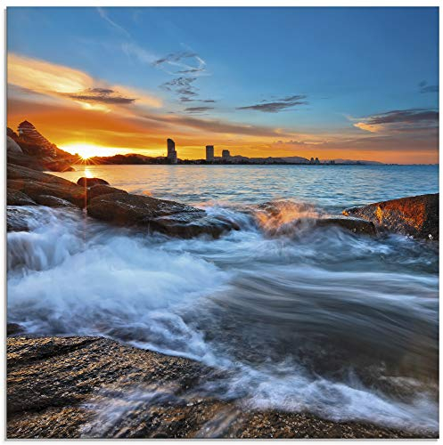 ARTland Wanddeko Glasbilder Wandbild Glas Bild einteilig Quadratisch Hua Hin Strand Thailand Südsee Meer Felsen Sonnenuntergang Küste Natur S6EG