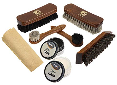 Langlauf Schuhbedarf Premium Rosshaar Schuhbürsten Schuhputzset - 2 extragroße Polierbürsten - 2 Roßhaar Auftragsbürsten - Marken Schuhcreme - Kokosfaser Schmutzbürste - Schuhpflege Made in Germany