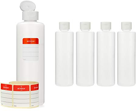 Octopus Bouteilles en plastique 5 x 250 ml, bouteilles en plastique PE-HD avec capsule service blance, bouteilles vides avec bouchon à charnière blancs, bouteilles rondes, étiquettes incluses.