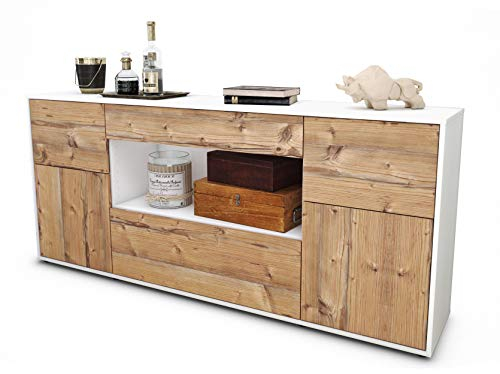 Stil.Zeit Sideboard Fabiola, Korpus Weiss matt, Front Holz-Design Pinie (180x79x35cm) Push-to-Open Technik & Leichtlaufschienen