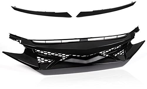 PIT66 Rejilla de malla para parachoques delantero + cubierta de borde de nariz para parachoques de capó, compatible con Honda Civic Sedan 2016-2018 de 10ª generación, color negro brillante, estilo de