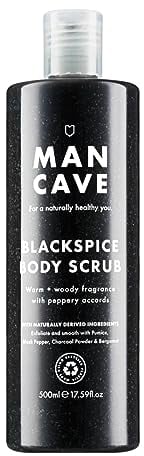 ManCave Blackspice Body Scrub 500ml for Men, Warm & Woody Aroma, Exfoliate & Cleanse Skin with Pumice and Charcoal Powder Scrub, Natural Formulation, Vegan Friendly, Made in England