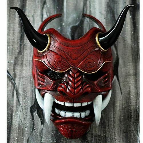 AUSUKY Masque japonais en latex pour cosplay Motif démon, Hannya Oni Samouraï Monstre Kabuki Rouge