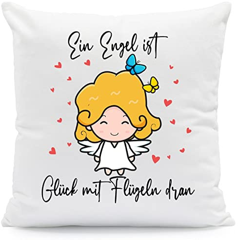 GRAVURZEILE Kissen mit Spruch - EIN Engel ist Glück mit Flügeln dran - Geschenk für Freund Freundin zum Geburtstag Weihnachten Farbe mit Füllung