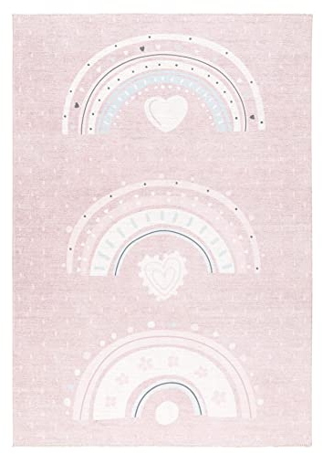 TESSO LIVING Kinder-Teppich, Spielteppich, Kinderzimmer, Waschbar, Antirutsch, Regenbogen, Herz, Rosa - 195cm x 280cm