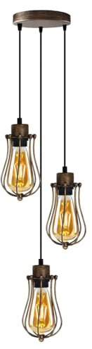 LEDSone Vintage Industrial 3 Outlet Brushed Copper Balloon Shape Easy Fit Metal Open Wire Cage E27 Round Ceiling Rose Pendant Light Fitting Lighting Bulb Holder with Cable