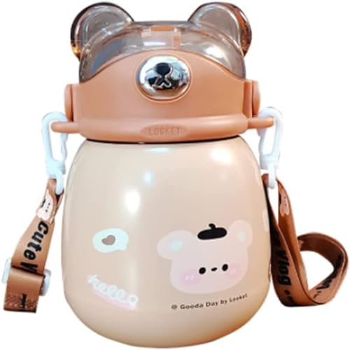 ANSAIR Cute Kawaii Bear Thermos Botella de Agua con y Correa Botellas aisladas portátiles de Acero Inoxidable a Prueba de Fugas con asa de Transporte Jarra Termo al vacío for niños y Adultos 860 ml