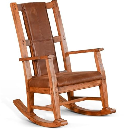 Pemberly Row Mahogany Rocking Chair with Cushioned Seat and Back, Studded Accents, Smooth Rocking Motion, Rustic Oak