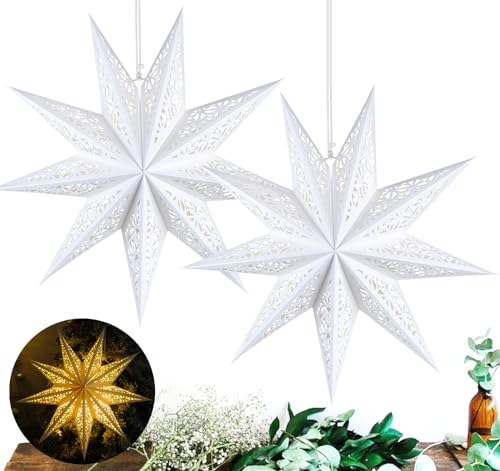 HOUISM Papierstern Lampenschirm 2Stück, Papier Lantern zum Aufhängen Faltsterne Weiß Papierstern Beleuchtet für Weihnachtsbaumspitze Hochzeit Silvester Party Fensterdeko(Inc. 3er Lichterkette)