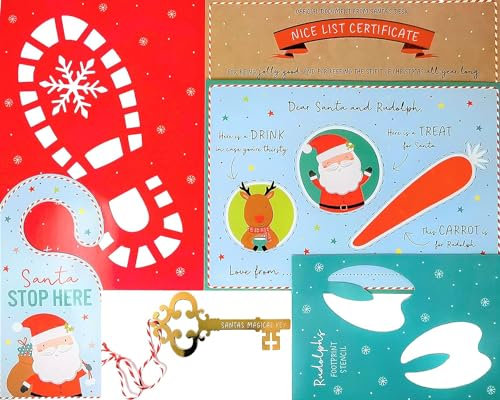 Tallon International Christmas Eve Pack - Santa Placemat, Magic Key, Footprint Stencils, Stop Here Sign, Nice List Certificate (5 Pieces, White)