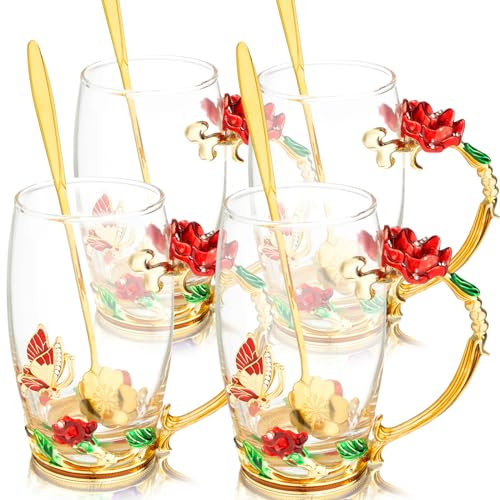 Tioncy 4 Sets Geschenke für Frauen Mama Emaille Schmetterling Blume Teetasse ausgefallene Rose Glas Teetassen Blume Kaffeetasse mit Löffel Set Geburtstag Lehrer Damen Geschenk (rot)