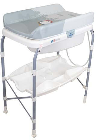 Toral Bañera Cambiador Bebe Mueble con Patas - Bañera Bebe Con Bandeja Separadora y Ruedas con Freno - Cambiador con Medidor de Altura - Modelo Azul
