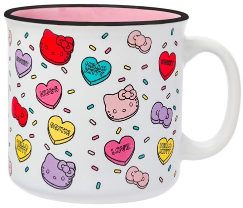 Silver Buffalo Hello Kitty Head Hearts And Bows Candy Tossed Pattern Taza de cerámica para cámper, 20 onzas