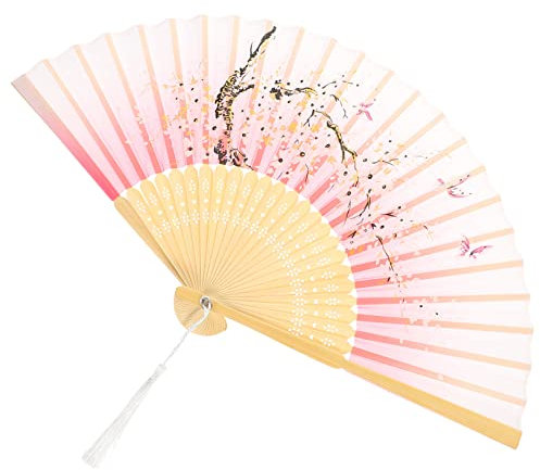 Holibanna Japanese Style Foldable Fan Vintage Dance Hand Fan Pink Silk Fabric for Women Festival Party Holiday Use