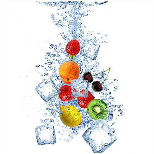 Wallario Glasbild Obst-Eiswürfel-Mix im Wasser mit weißem Hintergrund - 30 x 30 cm Wandbilder Glas in Premium-Qualität: Brillante Farben, freischwebende Optik