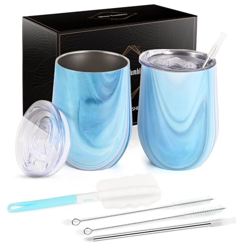 Joymaking 12oz Reusable Coffee Cup, 2 Pack Double Walled -Insulated Travel Mug Vacuum Stainless Steel Wine Tumbler with Spill Proof Lid, Great for Coffee, Tea, Milk and Wine, Blue Marble