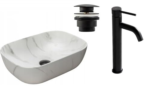 GTM Design Aufsatzwaschbecken Matt Set mit Waschtischbatterie und Stopfen - Aufsatzwaschbecken Oval für Badezimmer - Modern Waschbecken ohne Hahnloch - Waschbecken mit Armature - Modell 11