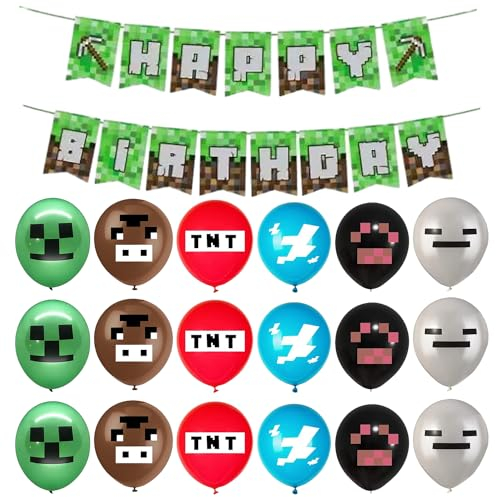 Pixel Luftballons Geburtstagsdeko, 18 Miner Gamer Ballon und Happy Birthday Banner, Game Party Supplies, Miner Gamer Thema Party Geburtstagsdeko für Kinder Jungen Mädchen Geburtstagsfeier Deko