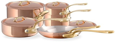 Mauviel M'200 B Kochgeschirr-Set aus poliertem Kupfer und Edelstahl, 2 mm, 10-teilig, mit Messinggriffen, hergestellt in Frankreich