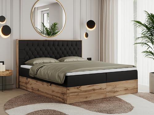 MKS MEBLE Boxspringbett 180x200 Mit Bettkasten Eiche, Polsterbett Mit Matratze H4, Kopfteil, Holzrahmen in Wotan Eiche - Schwarz Kunstleder - Amore