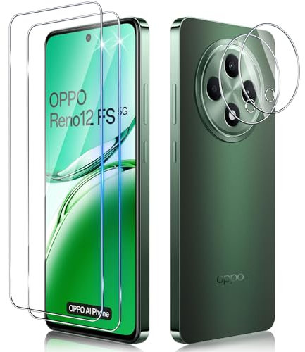 Funrae 2 Piezas Protector de Pantalla para OPPO Reno 12 FS (5G/4G)/Reno 12F (5G/4G) con 2 Piezas Protector de Lente de Cámara, 0.33MM HD 9H Ultra Resistente Cristal Templado Vidrio Templado