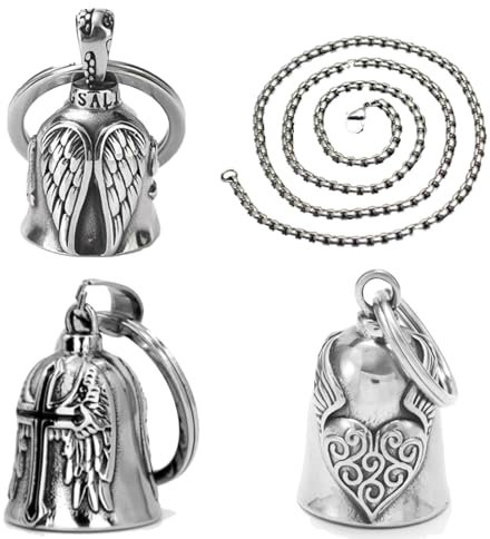 S.F.Pachira 3 Pièces Clochette Moto Guardian Ride Bell, Clochette Moto en Acier Inoxydable avec Chaîne, Guardian Bell pour Motards, Mari, Porte-bonheur (Argent)