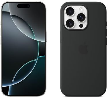 Apple iPhone 16 Pro 128 GB - Titan Weiß + Silikon Case mit MagSafe – Schwarz