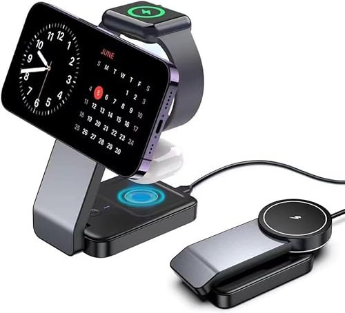 Magnetic Wireless Charger for Magsafe,3 in 1 Foldable Charging Station Stand for iPhone 16 15 14 13 12 Series, Apple Watch 10/9/8/7/6/SE/5/4/3/2/Ultra, AirPods 4 3 2 (Adapter Included)