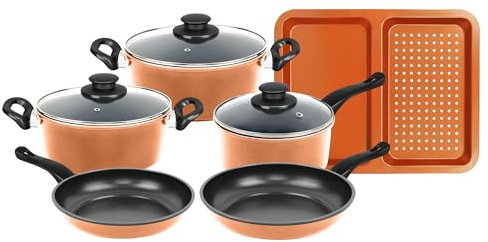 Herzberg, HG04838-COP, Batteria di pentole robusta con rivestimento antiaderente, compatibile con tutti i fuochi, design elegante inrame, cottura sana senza olio, 9 pezzi, colorerame