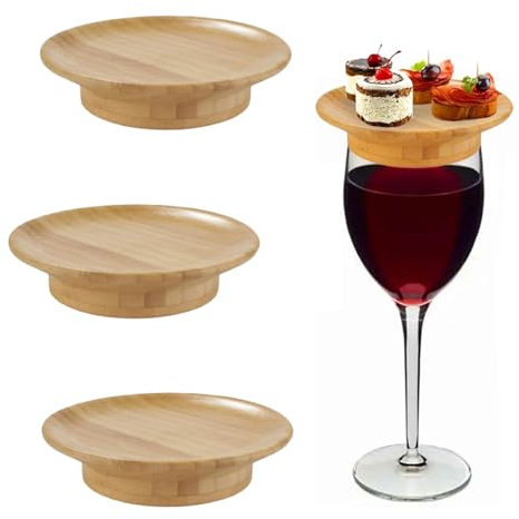 LINGJIA 3 Stück Wine Glass Topper Appetizer Plates Set, Charcuterie Topper Bamboo,Wooden Wine Glass Toppers, Charcuterie Cup, um Fliegen Mücken zu Verhindern, Party Abendessen Lieferungen