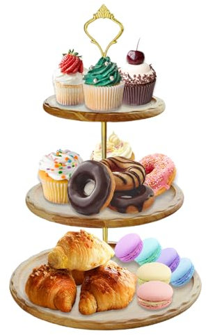 Umberdom 3 Tier Wooden Cupcake Stand Wooden Tiered Cake Tower Stand Fruit Tray with Metal Handle for Dessert Display Wedding Birthday Tea Party Baby Shower