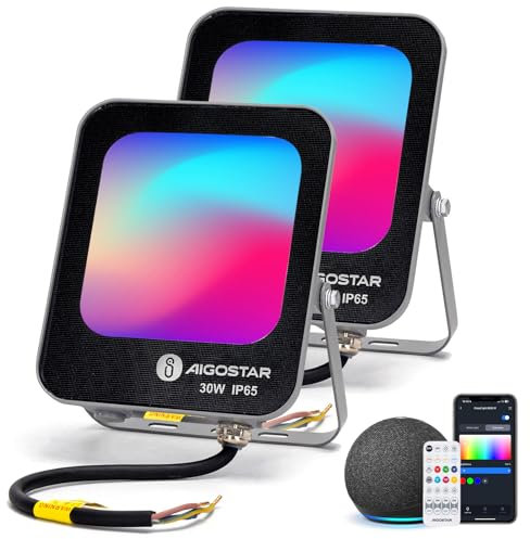 Aigostar Mesh - Faretto LED RGBW Esterno Proiettore, Bluetooth Mesh 30W 2700LM Fari Led da Esterno, 6500K Bianca Fredda Faro per Decorazione Festiva di Natale, Giardino(2 pack)