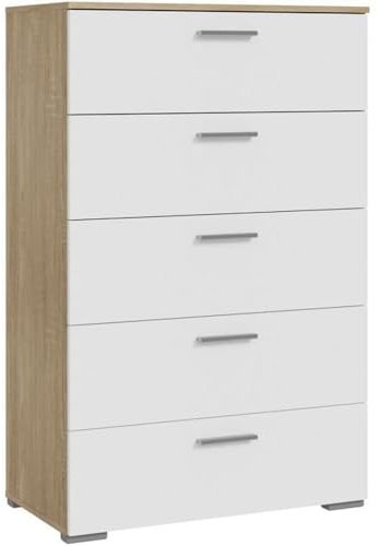FORTE BASJANA Kommode 80, Kommode mit 5 Schubladen, Modernes Sideboard, Holzwerkstoff, Sonoma Eiche Holzdekor/Weiß, 80,2 cm breit x 123,8 cm hoch x 41,3 cm tief