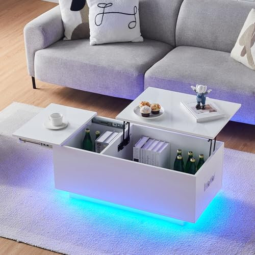 TUKAILAI Couchtisch Weiß Hochglanz mit stauraum, Wohnzimmer Couchtisch mit LED Beleuchtung, Wohnzimmertische für Wohnzimmer,Einstellbar Couchtisch Holz Rechtecke,Modern 100x50x40cm