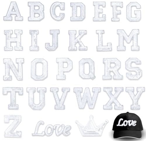 28 Pcs Iron On Letters Glitter Sew Hotfix Letter Patches A-Z Alphabet Sequin Patches Sparkle Iron On Letter for Clothes Hats Bags Shirts Shoes DIY Craft Supplies(Silver)