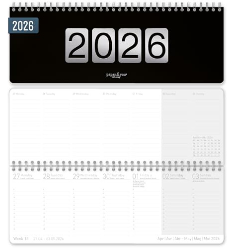 Häfft® Internationaler Wochen-Tischkalender 2026 quer Black Edition | 1 Woche 2 Seiten, Wochenkalender 29,8 x 11,6 cm, mehrsprachiger Schreibtisch-Kalender