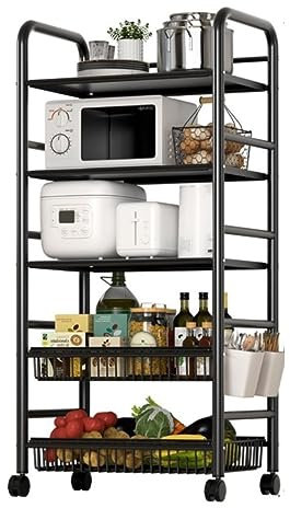 5 Tier Microwave Oven Rack with Wire Baskets and Wheels Kitchen Utility Storage Shelf Organizer