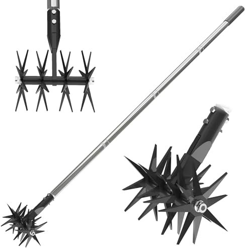 CKLT 66in Rotary Cultivator with Tempered Spring Steel Tines and Adjustable Stainless Steel Handle Manual Garden Tiller Tool for Loosening Soil Mixing Fertilizer