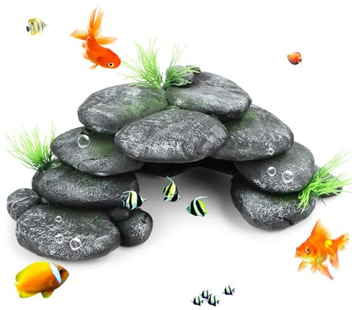 MplehDa Aquarium Deko Felsenhöhle Rock Cave Dekoration mit Grün Gras Aquarium-Versteck Harz Höhle Mountain Polyresin Landschaft Fish Tank Resin Decorate für Fish Tank