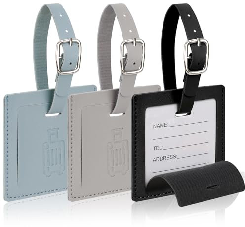 Cozary 3 Pièces Etiquette Valise en PU, Carré Étiquette Bagage avec Boucle Réglable, Porte Etiquette Valise Inscriptible Nom Adresse, Luggage Tag pour Sac de Voyage Valise Sacs à Dos
