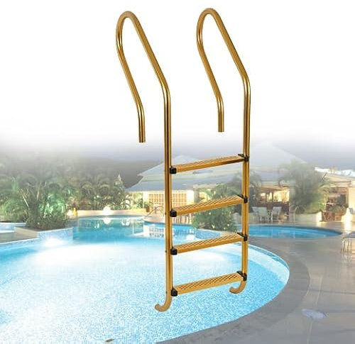 IYUESQ goldene Poolleiter aus Edelstahl, EIN- und Ausstiegssystem für Einbaupools, Poolhandlauf mit Bodenabdeckung, einfache Montage und Aufstieg, 4 Stufen