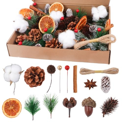 Joxessaien 170 Stück Weihnachtskranz Deko Set – Adventskranz Zubehör mit Baumwolle, getrockneten Orangenscheiben, Zimtstangen, Sternanis, Walnüssen, Tannenzapfen, Beeren, Tannenzweigen & Juteseil