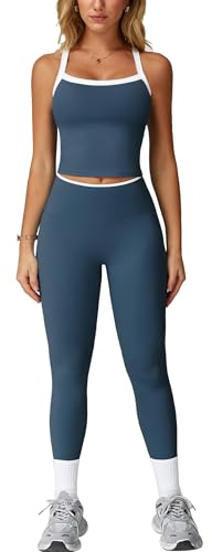IDOPIP Sportanzug Zweiteiler Damen für Fitness: Neckholder Sommer Outfits mit Polster und hohe Taile Leggings - Gym Set mit Riemenrücken für Yoga, Pilates und Workout