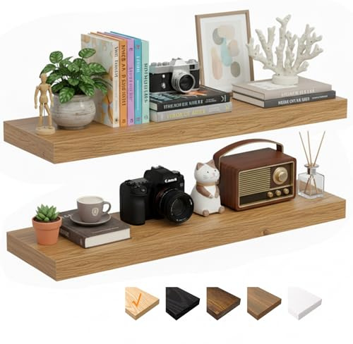 RICHER HOUSE Eiche Wandregale, 80 x 23,5 x 3,8cm Wandboard MDF Holz,2er-Set | Holzregal Wand mit unsichtbaren Halterungen, Schweberegal für Schlafzimmer, Wohnzimmer, Badezimmer, Küche, Waschküche, Büro