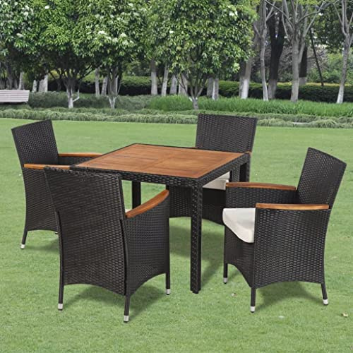 Kaloriko 5-TLG. Garten-Essgruppe Poly Rattan Schwarz, Akazienholz Tischplatte, Cremeweiße Auflagen, Outdoor Möbel Set für Terrasse, Balkon, Garten