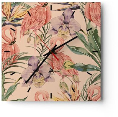 Modern Wanduhr Flamingos Pflanzen Vogel exotisch 30x30cm Quadrat Klein Wand Uhr Glas Analog Zimmeruhren Küche Büro Wohnzimmer Glasuhr Wall Clock Dekoration Design Küchenuhr C3AC30x30-2929